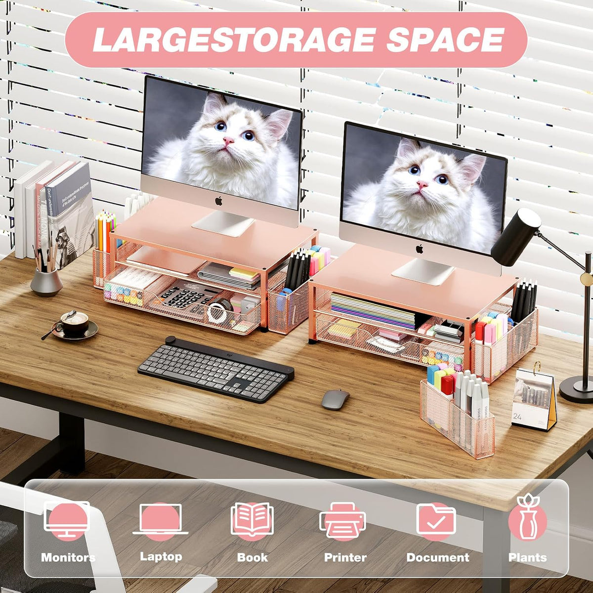 opnice desk organizer and accessories, 2-tier computer monitor, side view