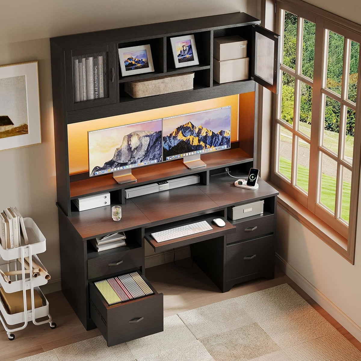 Bestier 77.8" H Computer Desk with Hutch, Charging Station, LED Light,Black