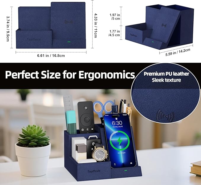TopMade Wireless Charger with Desk Nightstand Organizer, Leather Pen Pencil - Image 7