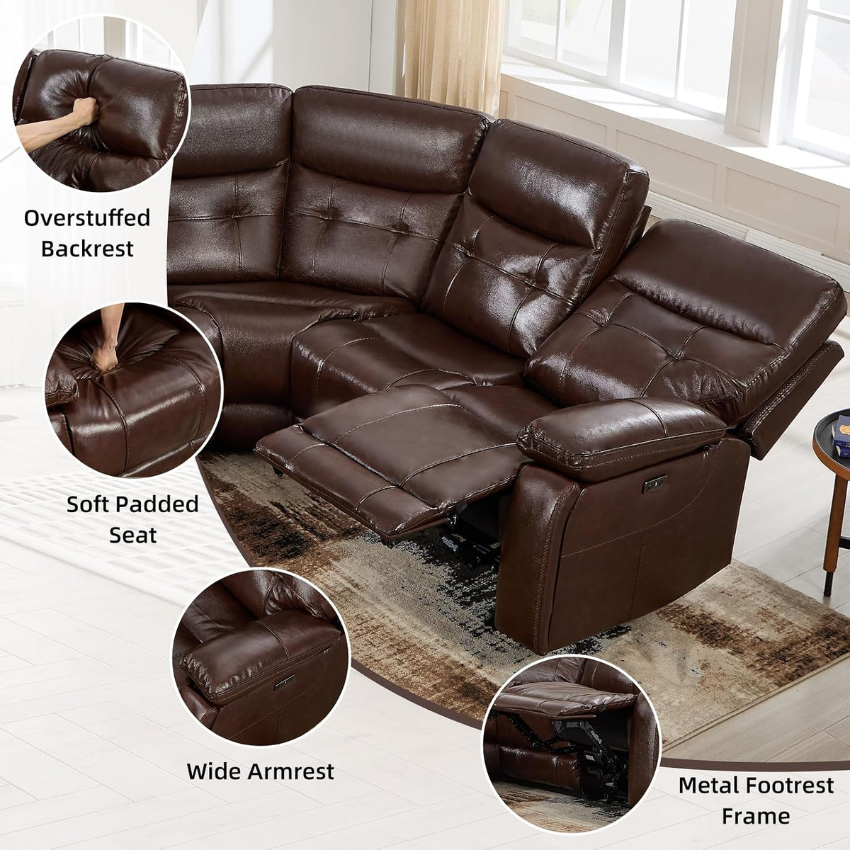 CANMOV Genuine Leather L-Shaped Power Recliner Sectional Corner Sofa