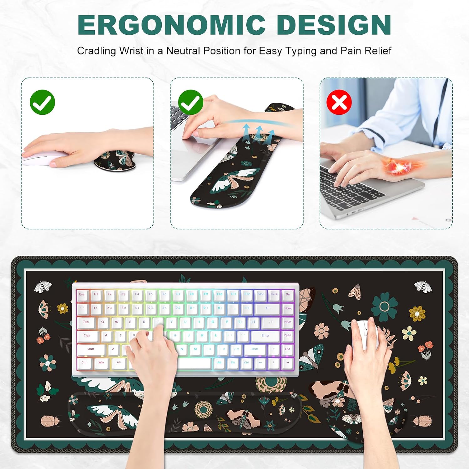 Large Mouse Pad and Keyboard Wrist Rest, Desk Pad for Keyboard and Mouse, Gaming Mousepad with Wrist Support, Non-Slip Desk Mat for Home Office, Black Butterfly Flower