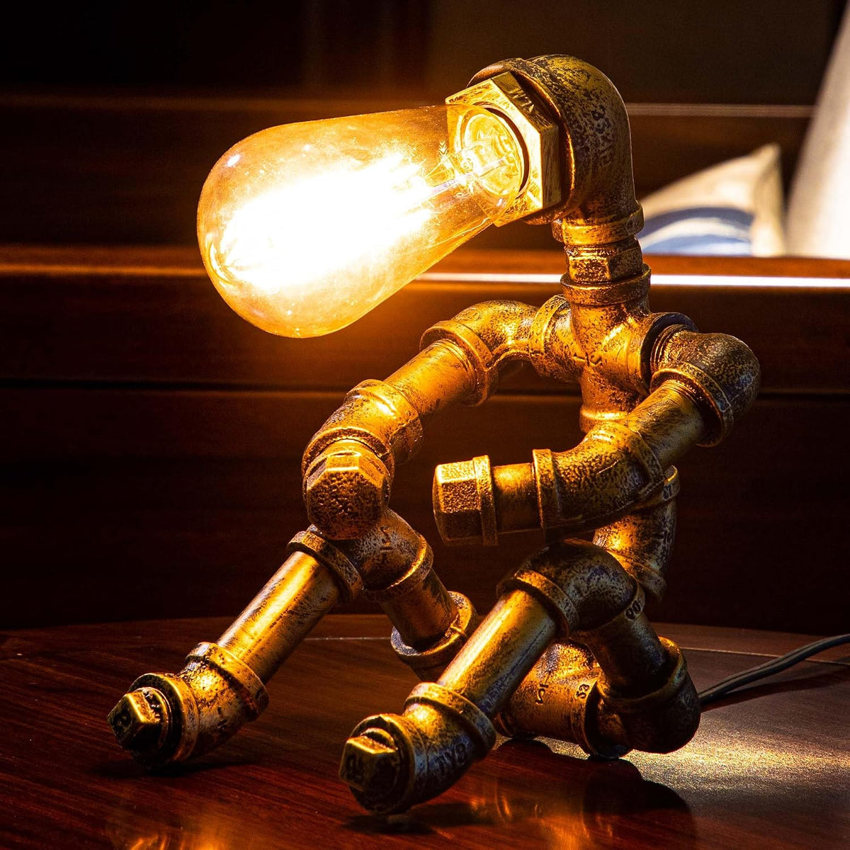 Steampunk Table Lamp, Vintage Industrial Metal Robot Table lamp, Water Pipe T...