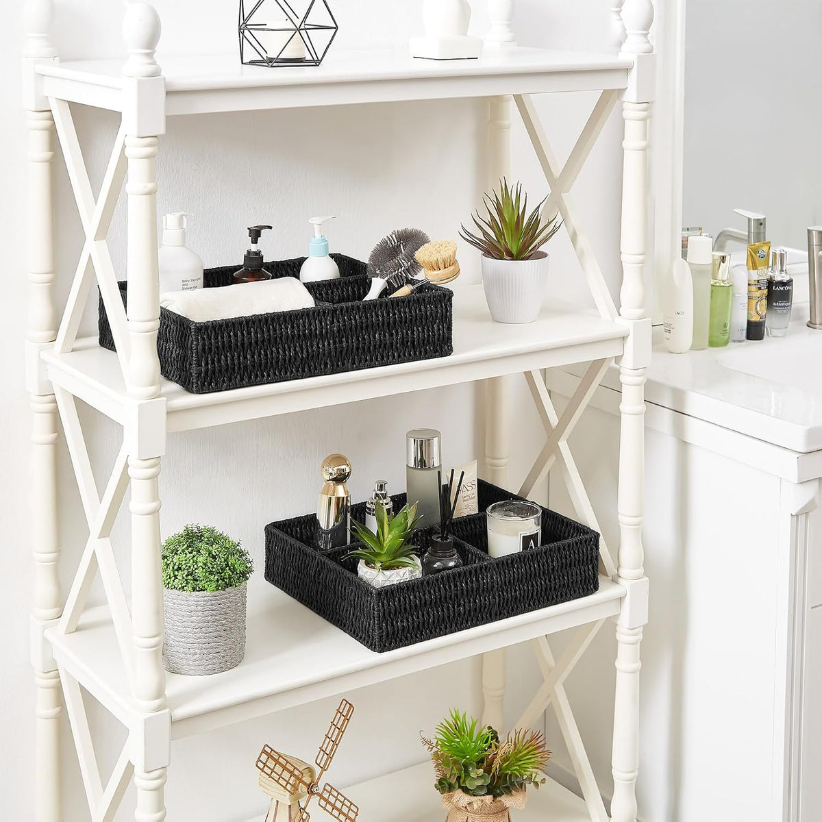 Vagusicc Wicker Divided Storage Basket, Black Wicker Baskets, Basket for Shel...