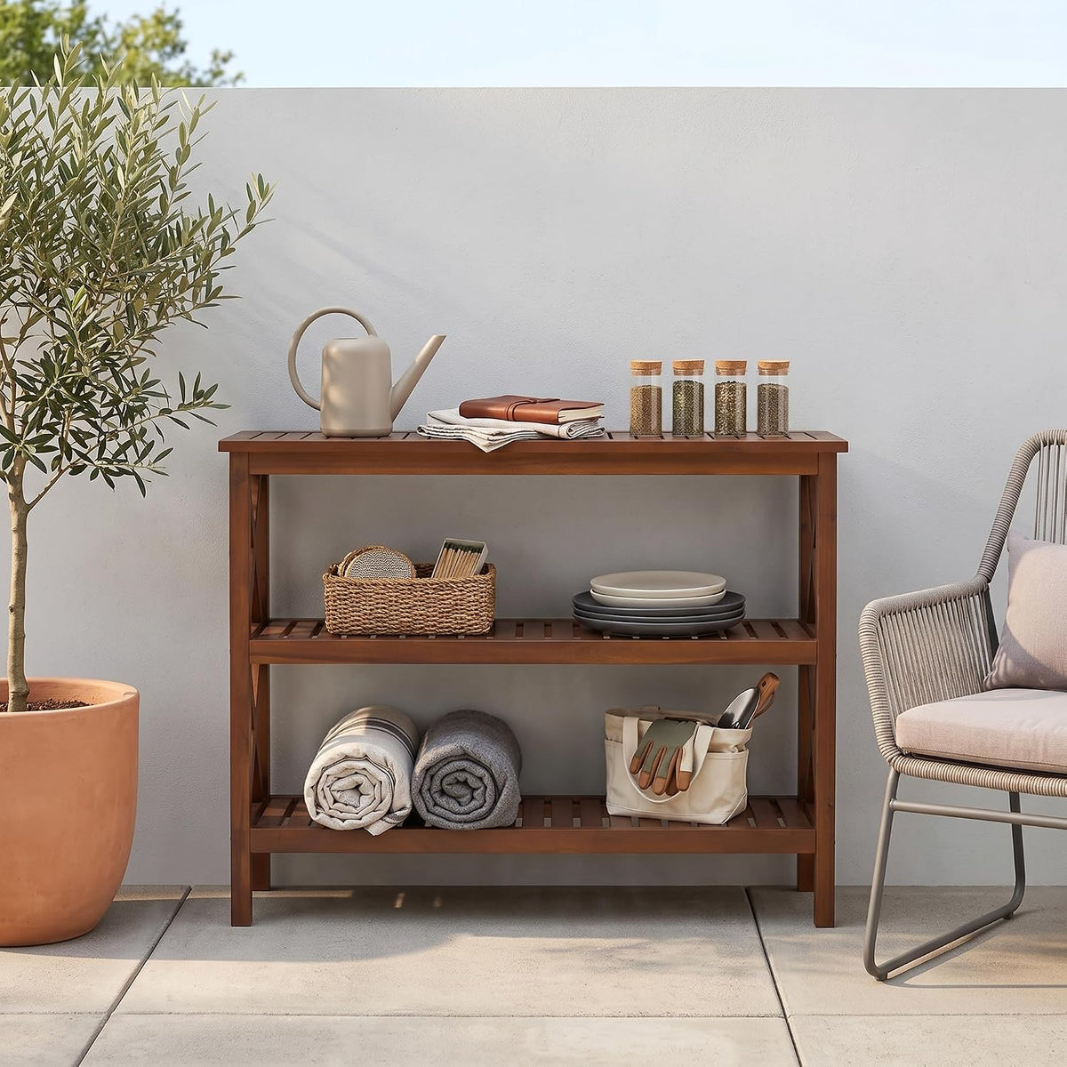 SUPER DEAL 40 in Solid Wood Console Table, 3-Shelf Wooden Outdoor Side Table ...