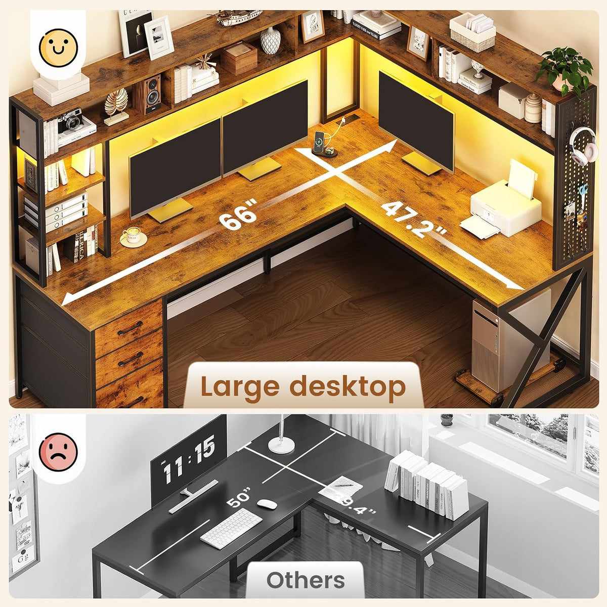SEDETA L Shaped Computer Desk with Hutch, 3 Drawers, Shelves