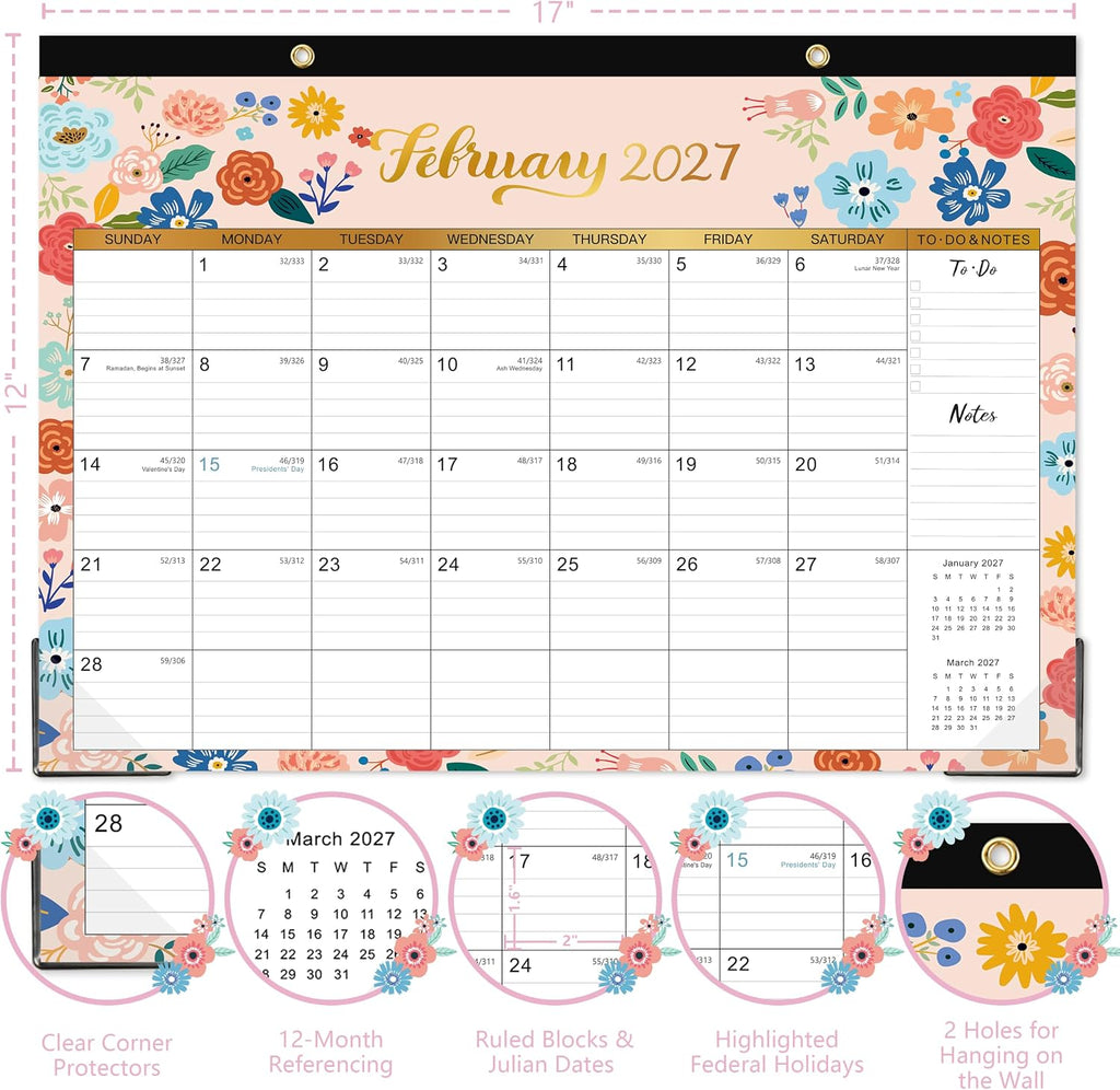Calendar 2026-2027 - Desk Calendar 2026-2027 | 18-Month Desk/Wall Calendar, Jul. 2026 - Dec. 2027, 16.8" x 12", Desk calendar with Corner Protectors, Ruled Blocks