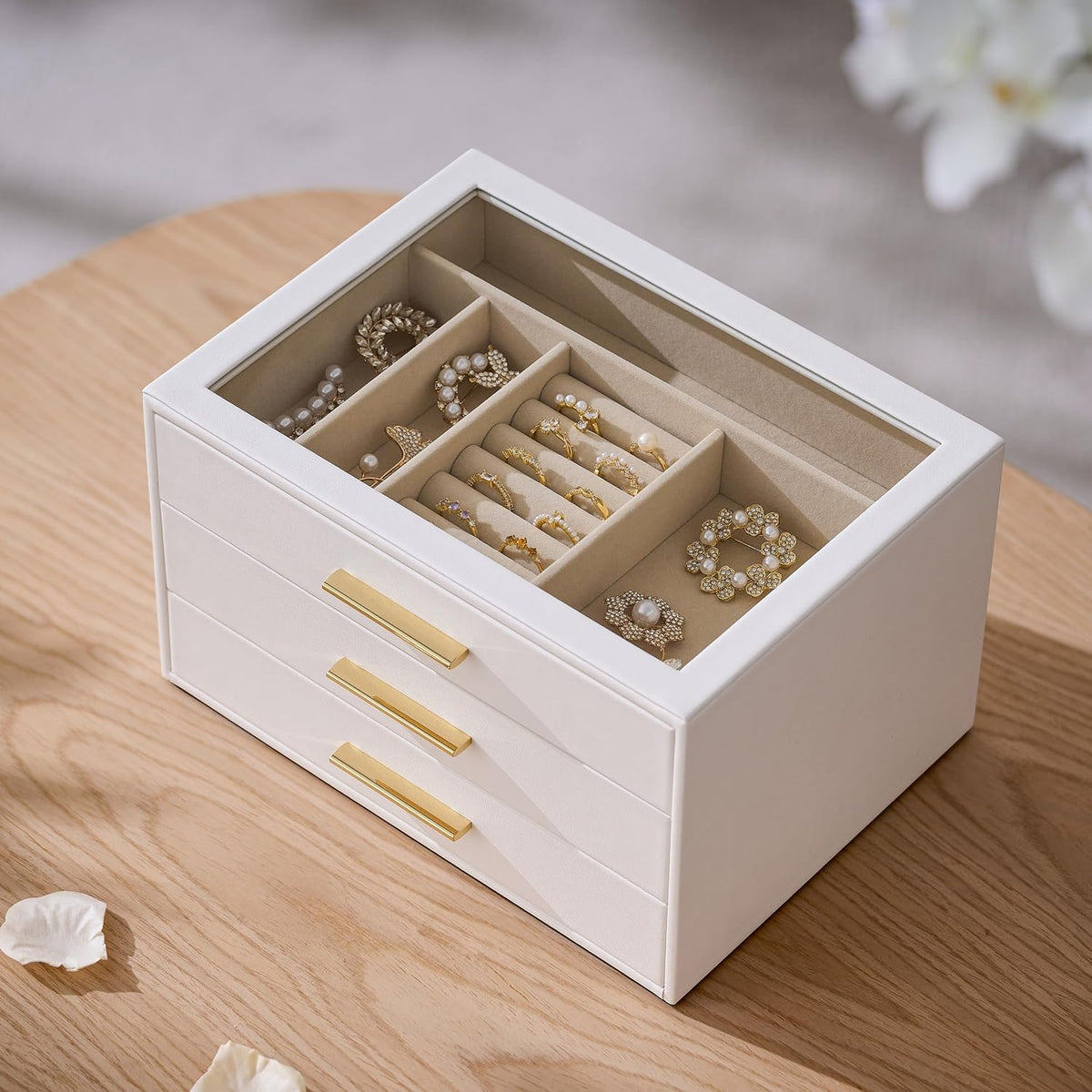 Jewelry Box Organizer Storage Case, 3-Layer with Glass Window, Pure White