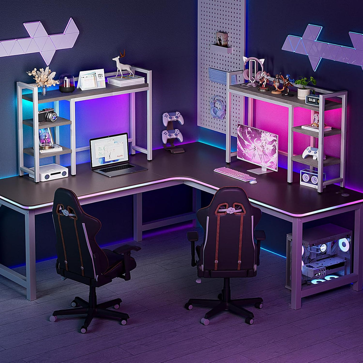 Desk Hutch with Colorful RGB Lights, 4 Tier Desktop Shelf for Max 28" Co...