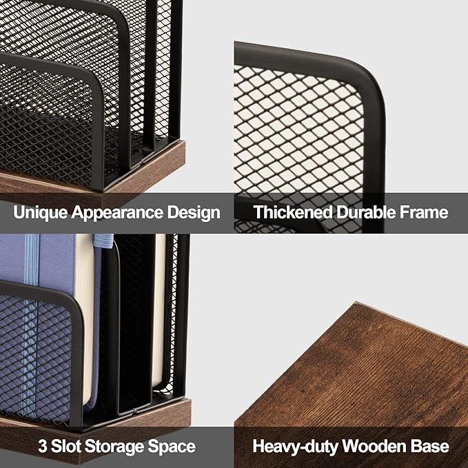 Wooden Desk Mail Organizer, Desktop File Organizer Metal Mesh - Image 3