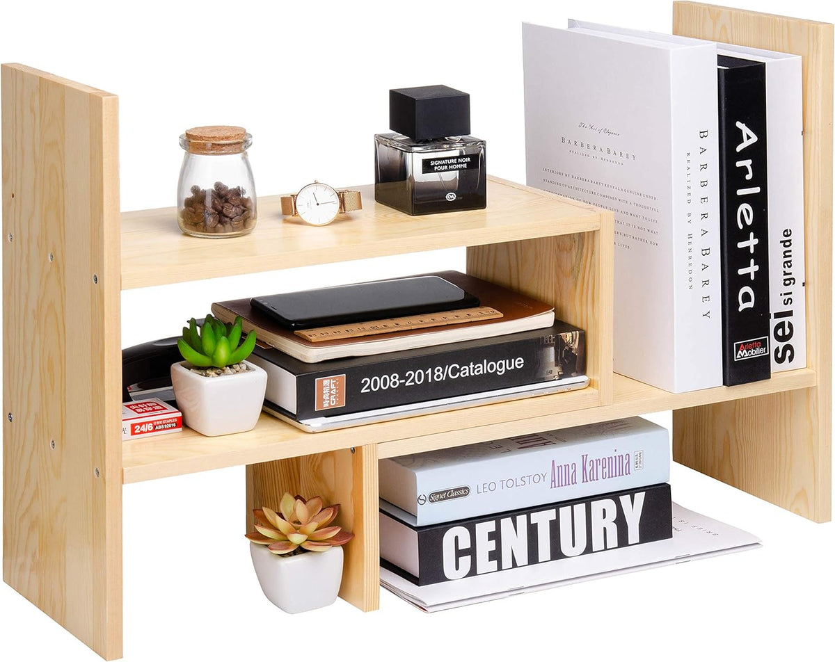 Desktop Organizer Office Storage Rack Adjustable Natural Wood Display Book Sh...