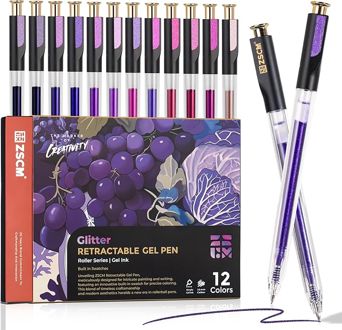 ZSCM Retractable Glitter Gel Pens, 12 Colors Large Capacity Purple Glitter by ZSCM