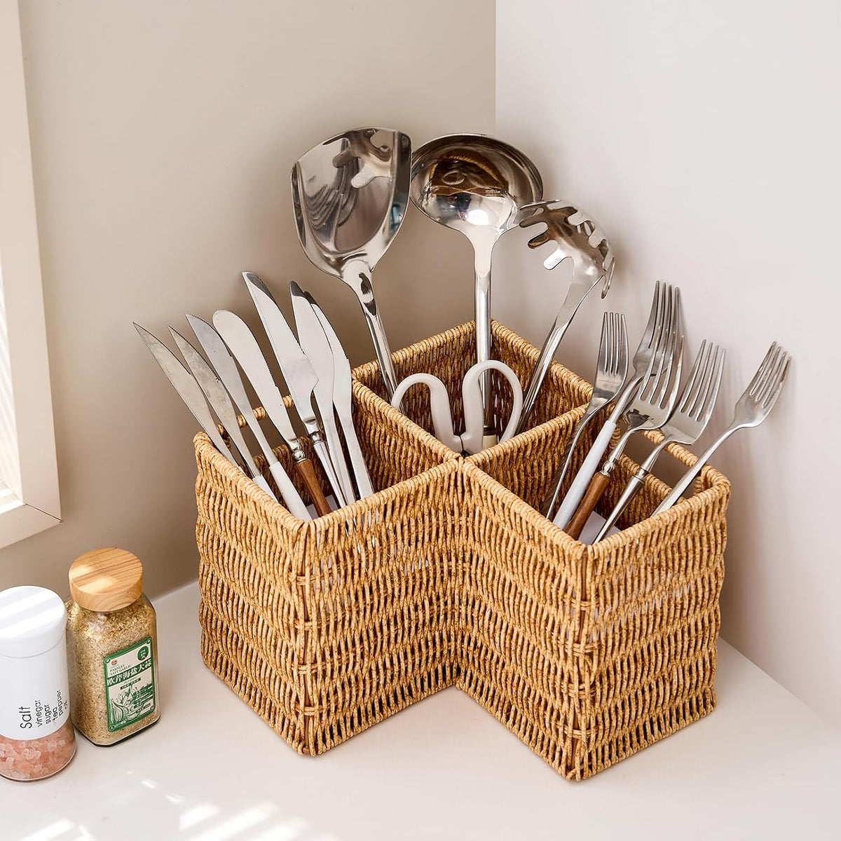 Berdeng 3-Compartment Silverware Caddy, Faux Rattan Utensil Holder with 2 Han...