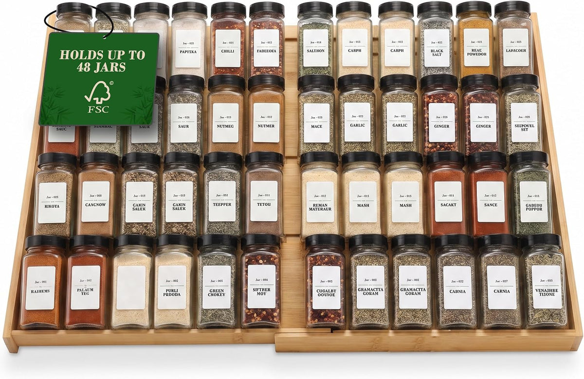 Bamboo Spice Drawer Organizer, Expandable 12 to 23 Inch Insert Holds 48 Jars,...