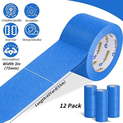 12 Rolls Blue Painters Tape Bulk 3 inch x 60 Yards, Total 720 Yd, Painters - Image 2