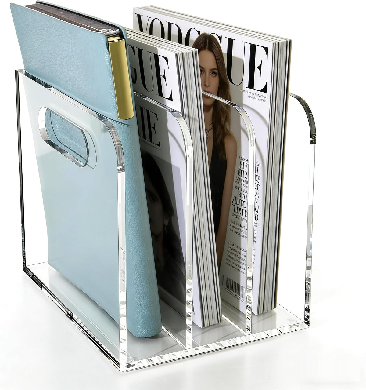 Clear Acrylic Magazine File Holder, 3 Compartment Desk Organizer