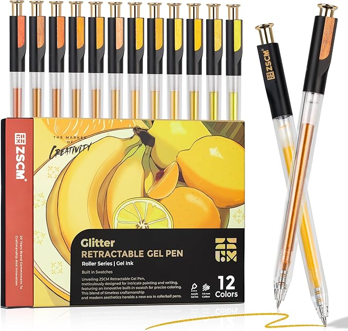 ZSCM Retractable Glitter Gel Pens, 12 Colors Large Capacity Yellow Glitter by ZSCM