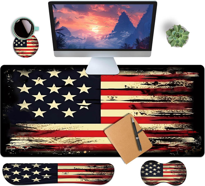 4-Piece Extended Large Mouse Pad Set for Women Men with Retro Flag Design Includes 35.4 x 15.7 XXL Large Mouse Pad Keyboard Wrist Rest Mouse Wrist Support and Coaster for Office Home