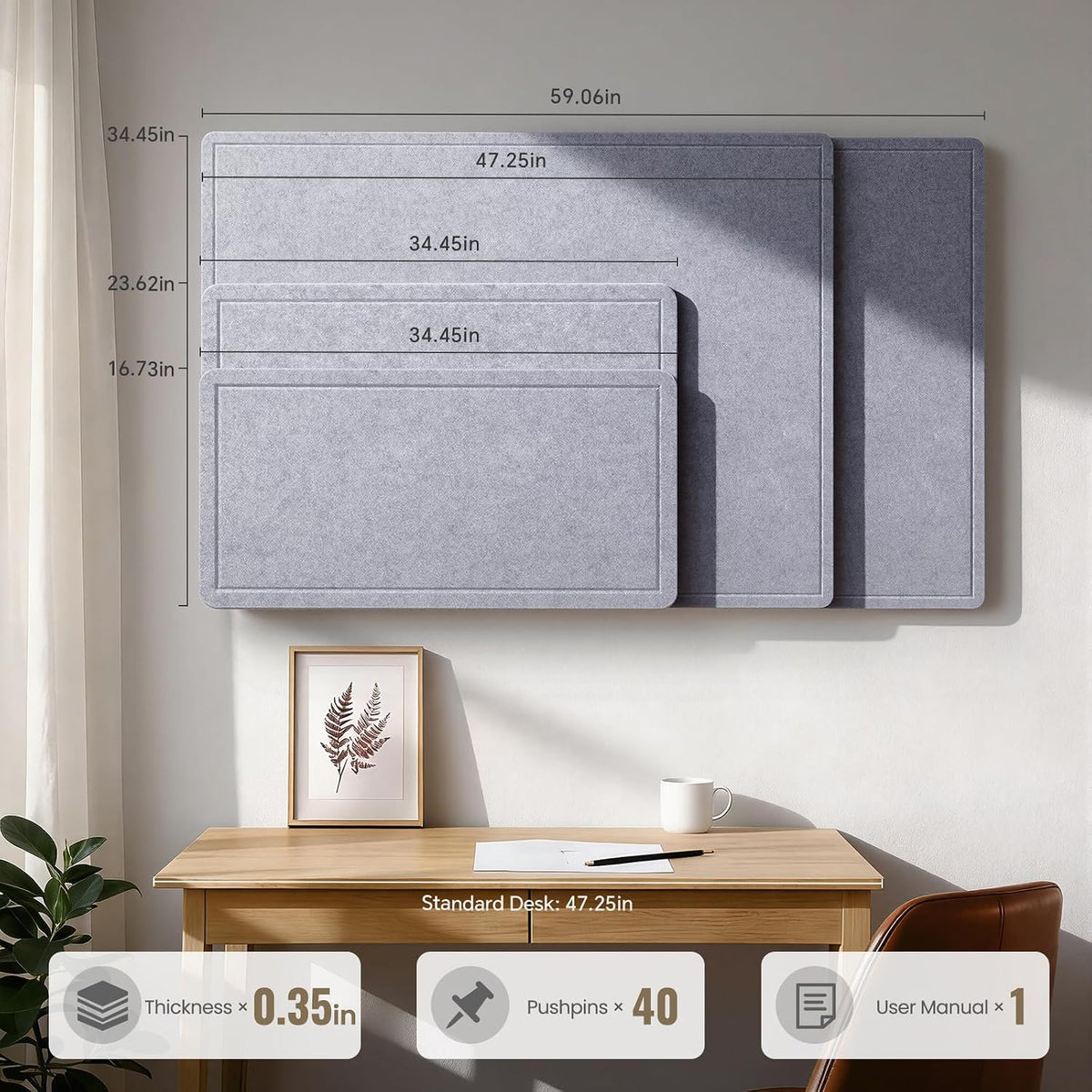 Large Bulletin Board, 60 X 35 Inches Felt Cork Board with 40 Pushpins, Foldab...