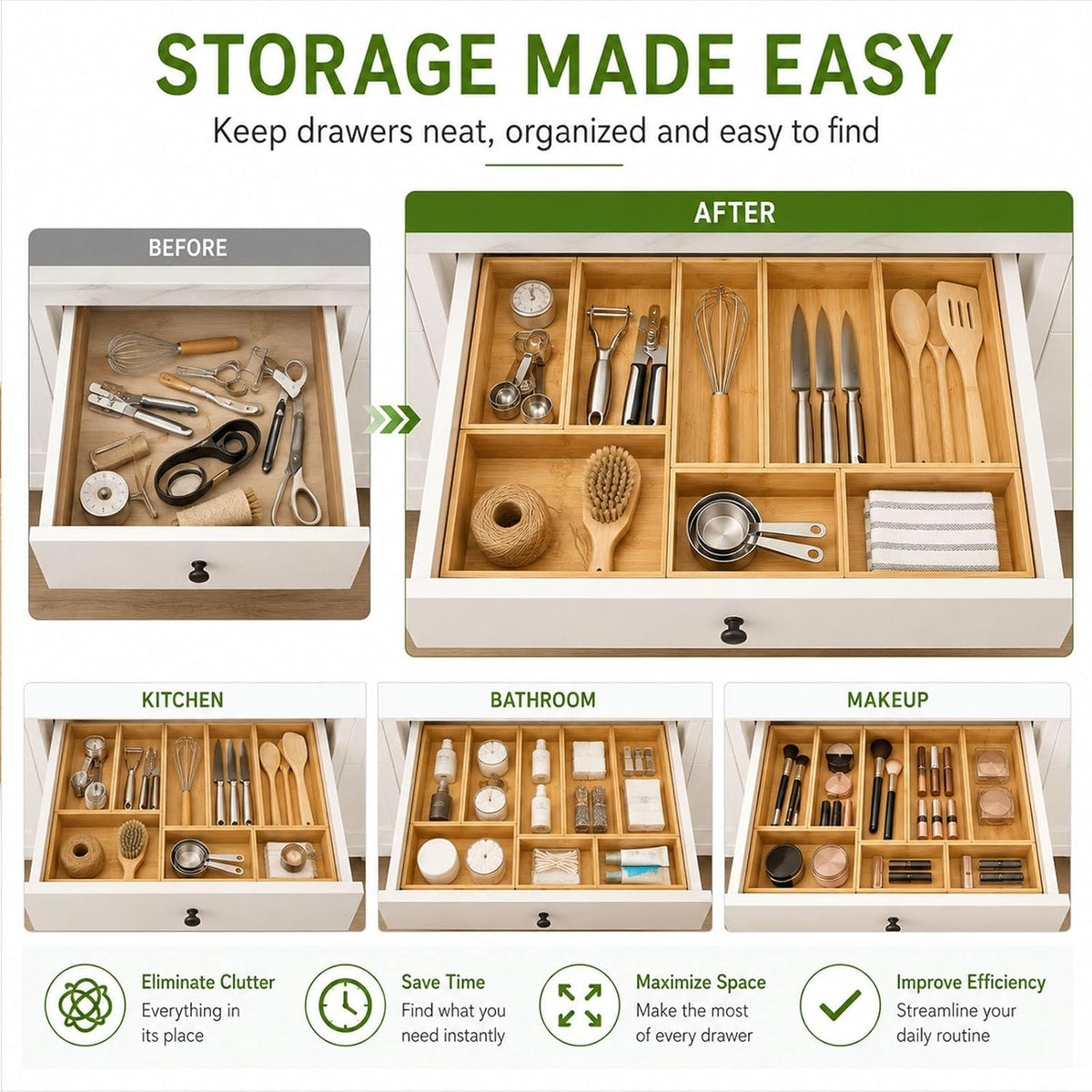 LEIMO KPARTS 8 Pcs Bamboo drawer Organizer Storage Box, Bin Set - Multi-Use b...