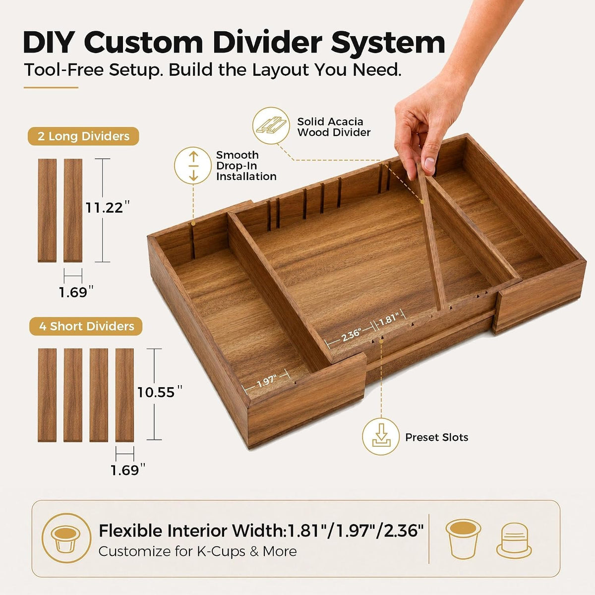MinBoo Expandable Acacia Wood Coffee Pod Drawer Organizer