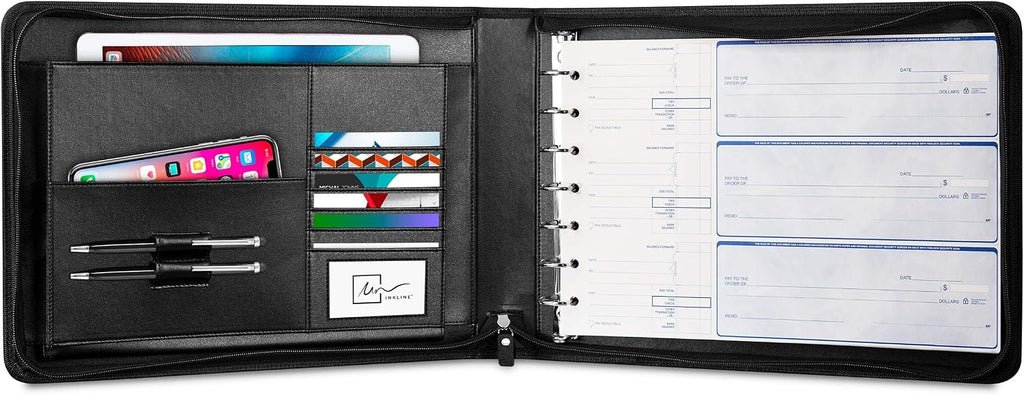 Inkline 7 Ring Check Binder Portfolio -Professional PU Leather Binder with Zippered Closure -500 Check Capacity -9x13 Inch Sheets -Document & Card Organizer - Large Tablet Pocket - Black (80001)