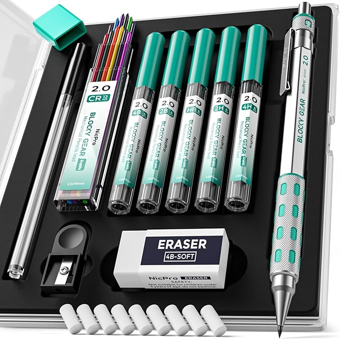 Nicpro Blocky Gear 2.0 mm Mechanical Pencils Set in Case, Metal Pencil by Nicpro