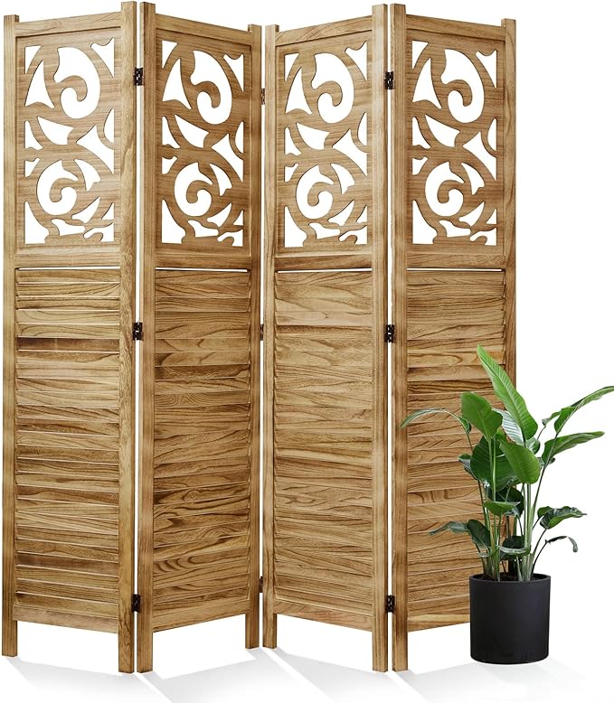 Room Divider Wood Carved Wall Divider Indoor Folding Portable Partition Screen by Svimi