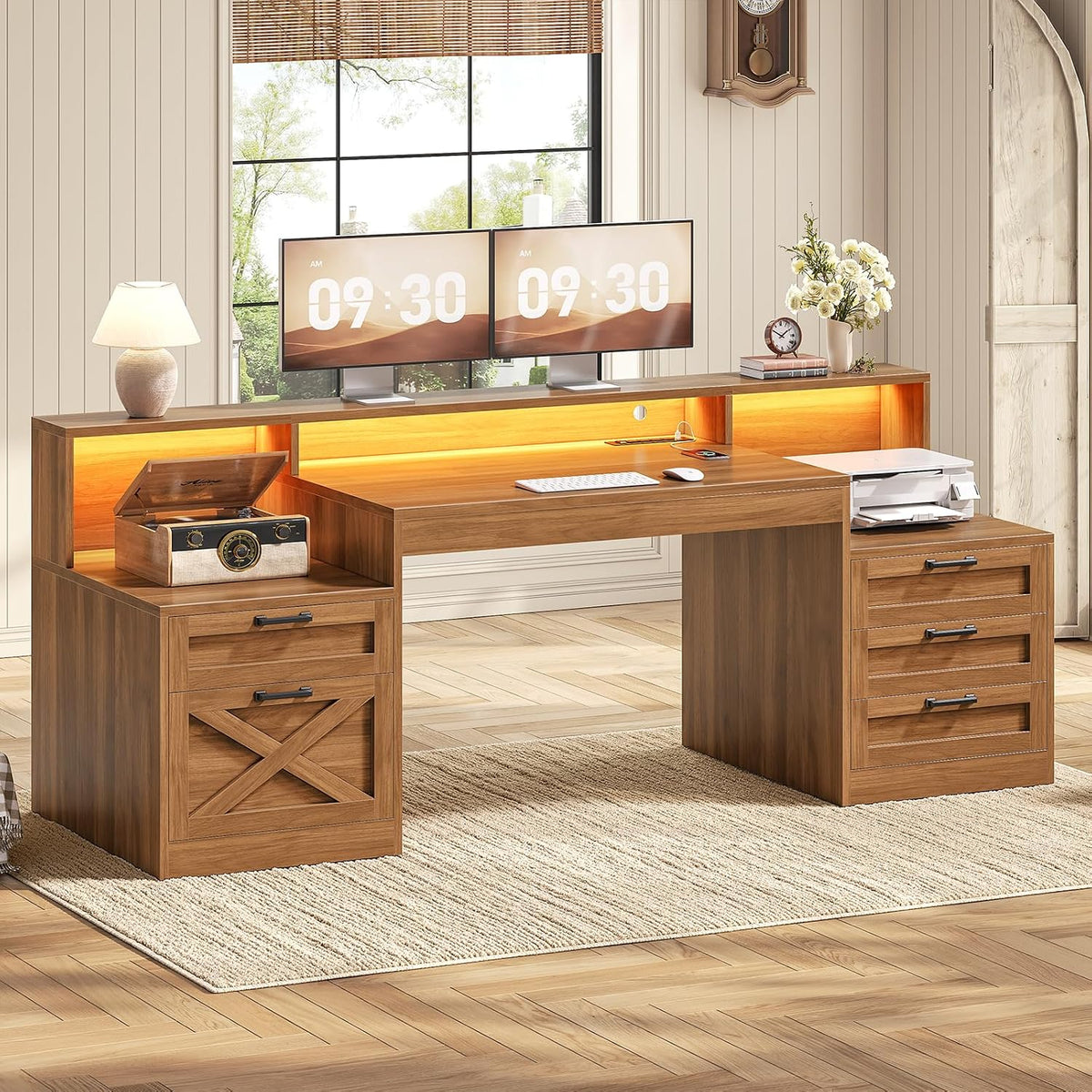 SEDETA 63" Farmhouse Computer Desk with 5 Drawers, Brown
