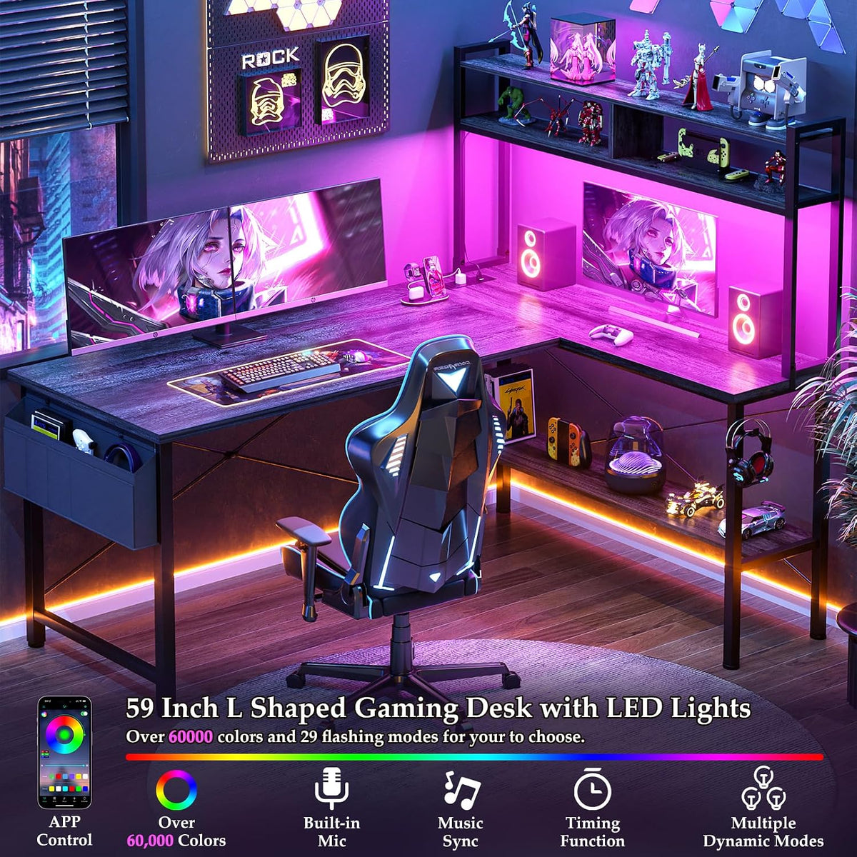 Aheaplus 59" L Shaped Desk Gaming Desk with LED Light & Power Outlet