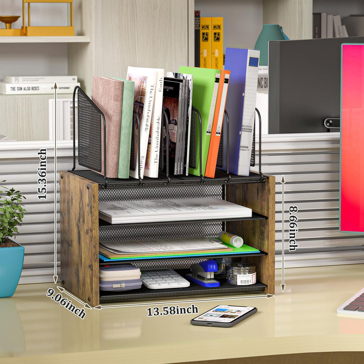 4-Tier Desk Organizer, Desk File Organizer with 5 Vertical File Holders, Offi...