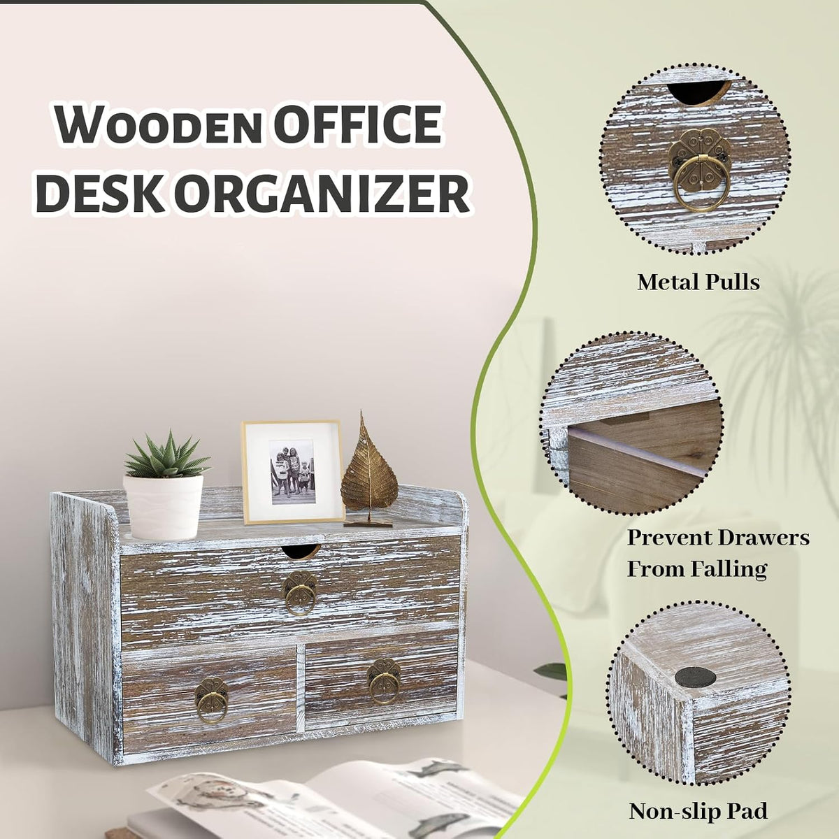 Wood Desk Organizer with Drawer, Washed Brown Wooden Desktop Organizer, Table...