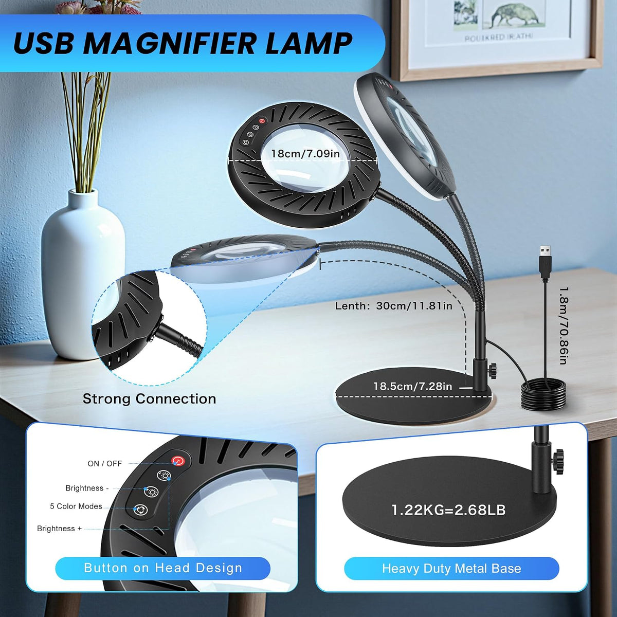 12X Magnifying Glass with Light and Stand, LED Magnifying Lamp with Clamp