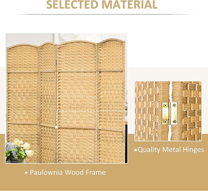 HOMCOM 4 Panel Room Divider, Hand-Woven Freestanding Wood Partition - Image 5