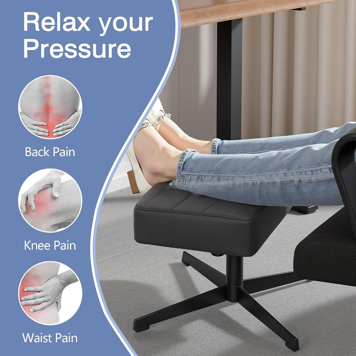 VECELO Under Desk Footrest, PU Ergonomic Foot Rest with Comfort Padding, Heig...