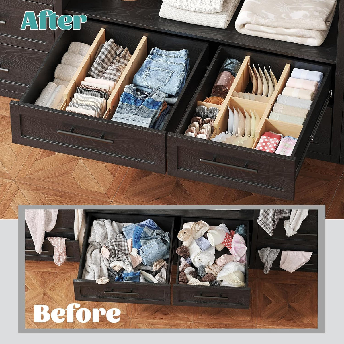Deep Drawer Dividers 17.7-22.8IN, Bamboo Drawer Dividers 4 Pack