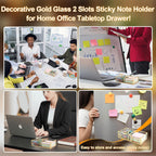 Glass Sticky Note Holder,2 Slots Gold Post It Note Dispenser for Desk,3 x 3 Inch Post It Note Holder, Stylish Sticky Note Dispenser for Home Office Desk Table Drawer