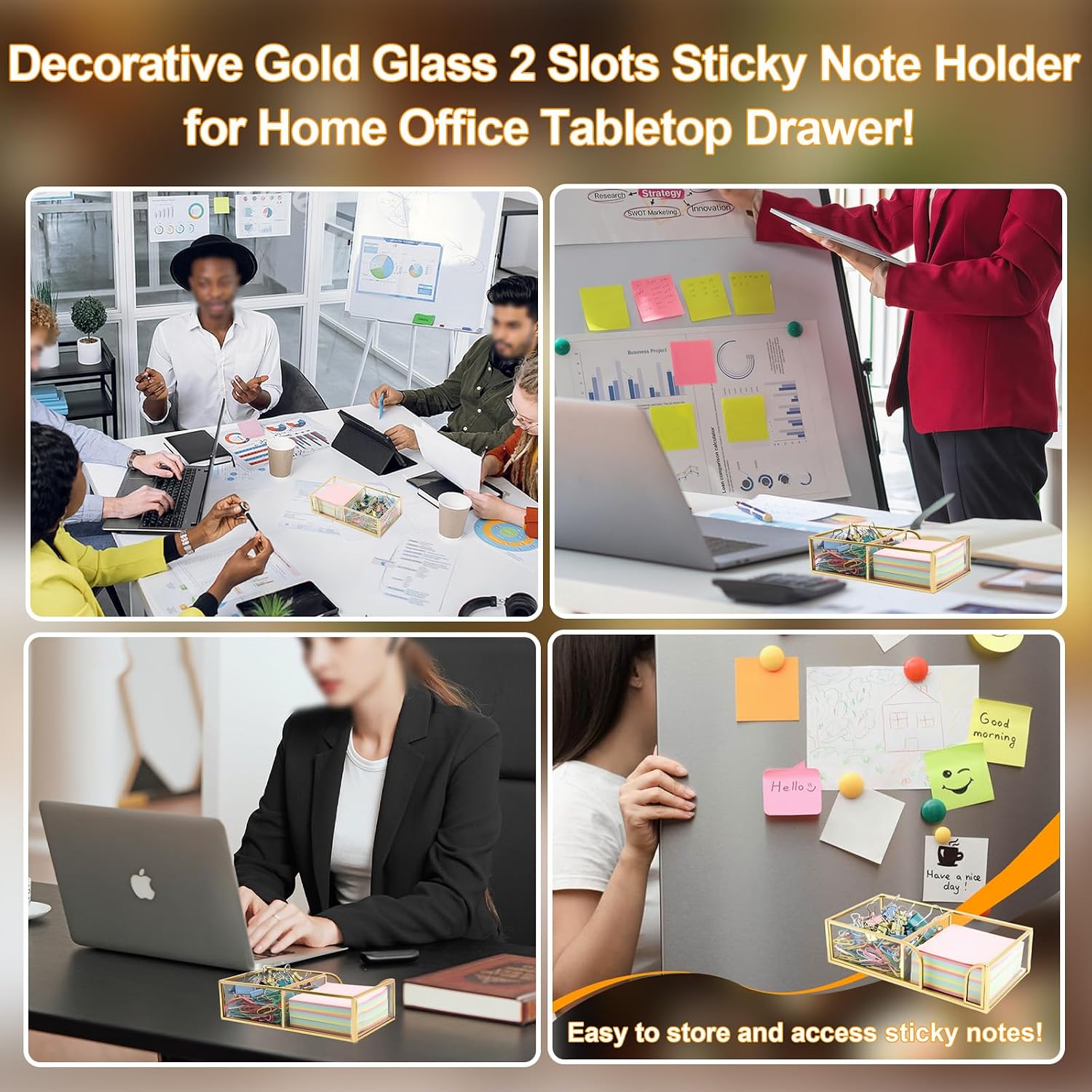 Glass Sticky Note Holder,2 Slots Gold Post It Note Dispenser for Desk,3 x 3 Inch Post It Note Holder, Stylish Sticky Note Dispenser for Home Office Desk Table Drawer