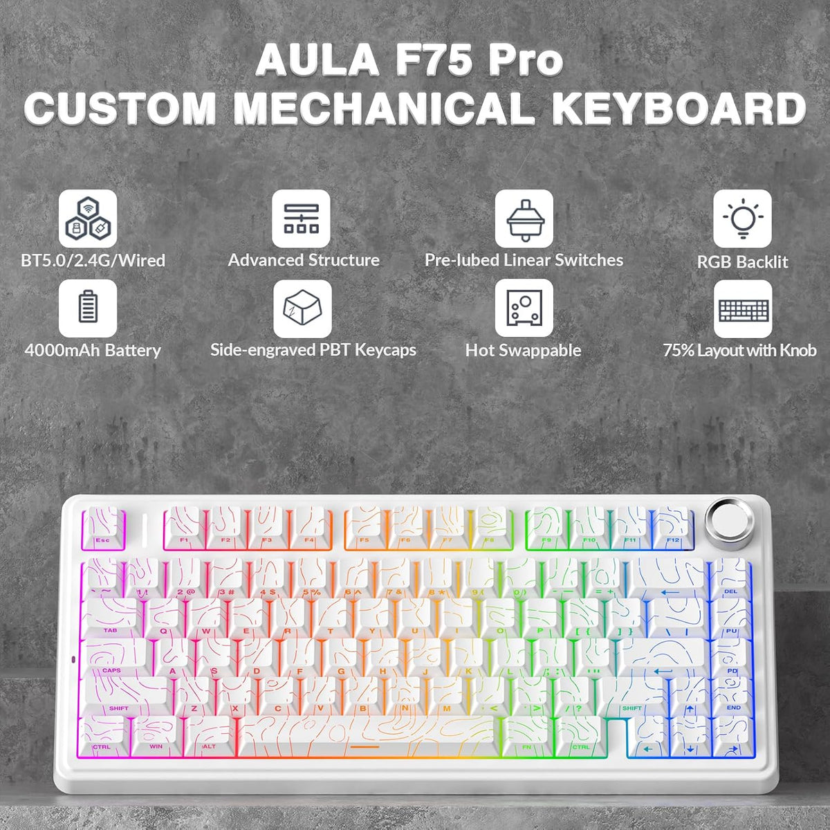 AULA F75 Pro Wireless Mechanical Keyboard with Knob,75% Hot Swappable Custom ...
