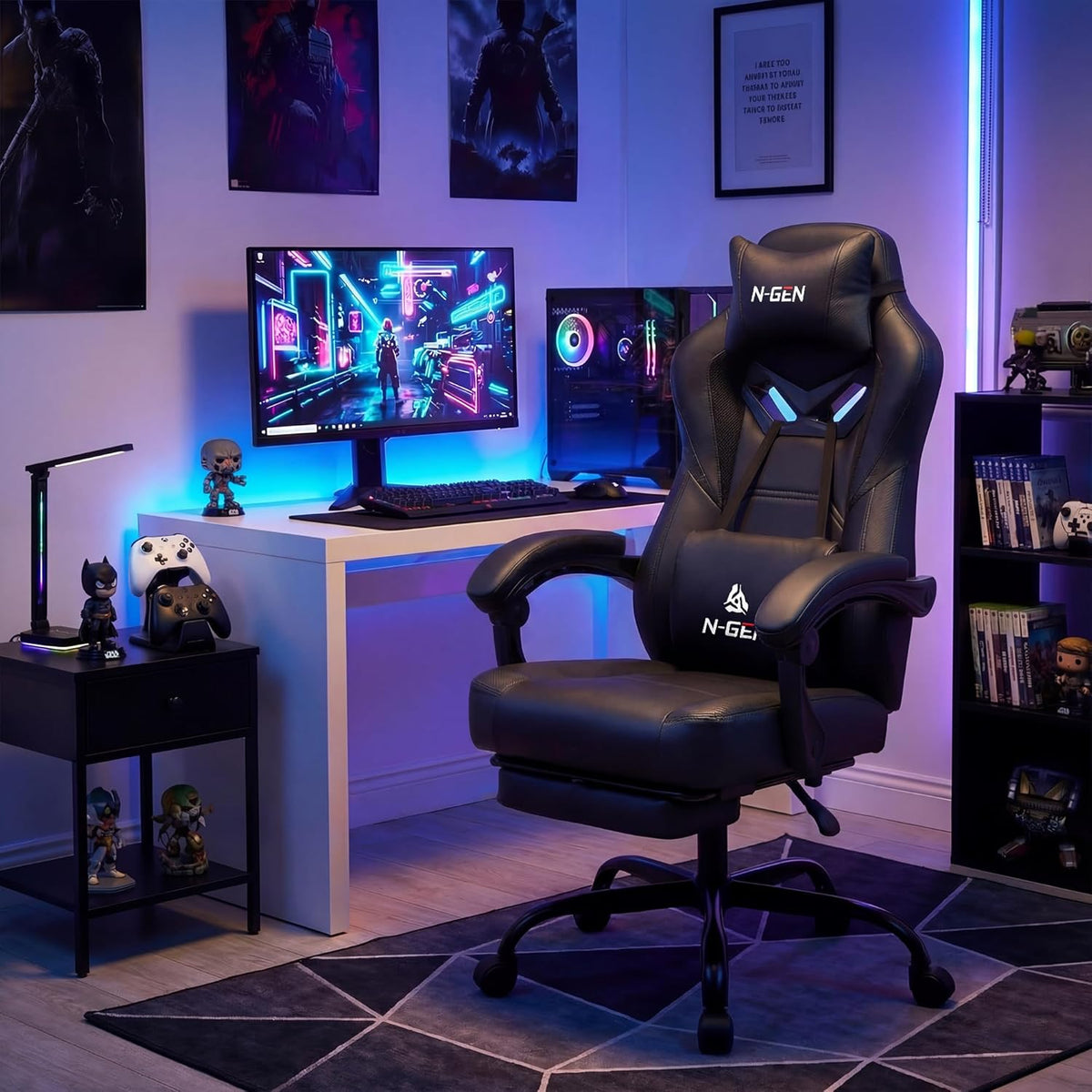 N-GEN GAMING Big & Tall Gaming Chair, Footrest, Lumbar Support, Dark Black