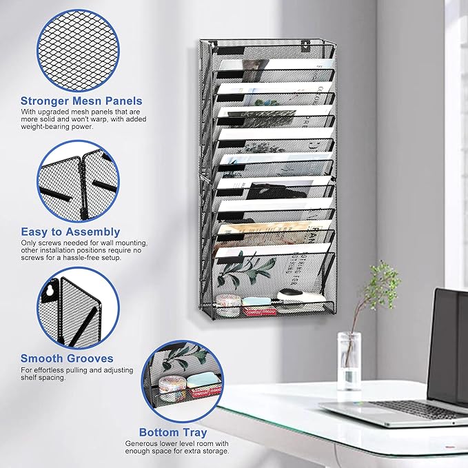EasyPAG Wall File Holder 10 Tier Mesh Hanging Folder Organizer - Image 2