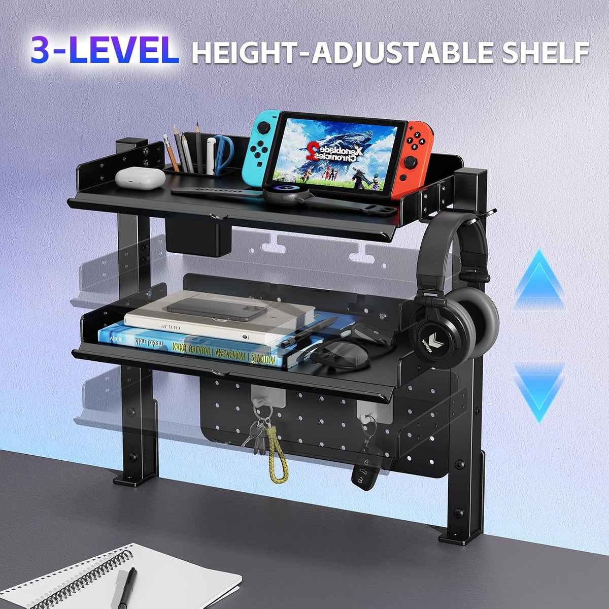 metal clamp on desk shelf,storage shelves with pegboard showing dimensions