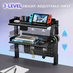 metal clamp on desk shelf,storage shelves with pegboard showing dimensions