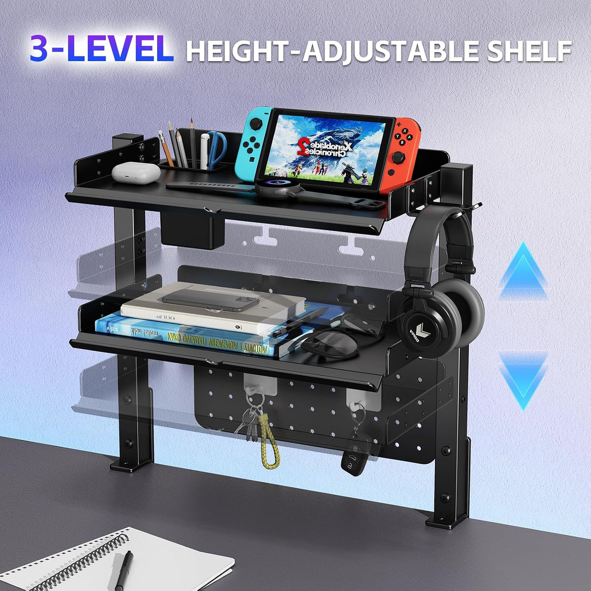 metal clamp on desk shelf,storage shelves with pegboard showing dimensions
