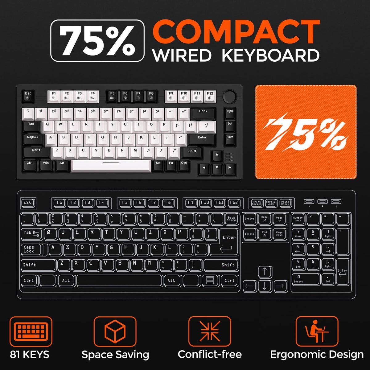DAREU EK75 Wired Mechanical Keyboard,75% Keyboard with Volume Knob,Gasket Mou...
