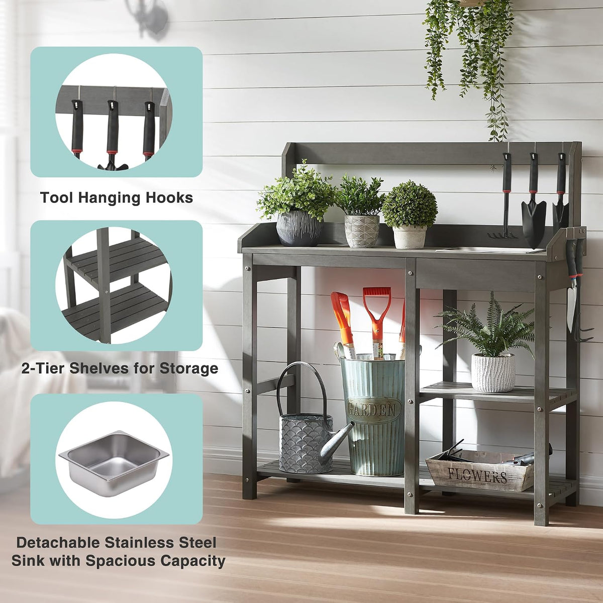 Psilvam Outdoor Potting Bench Table with Sink for Outside Garden, Gray