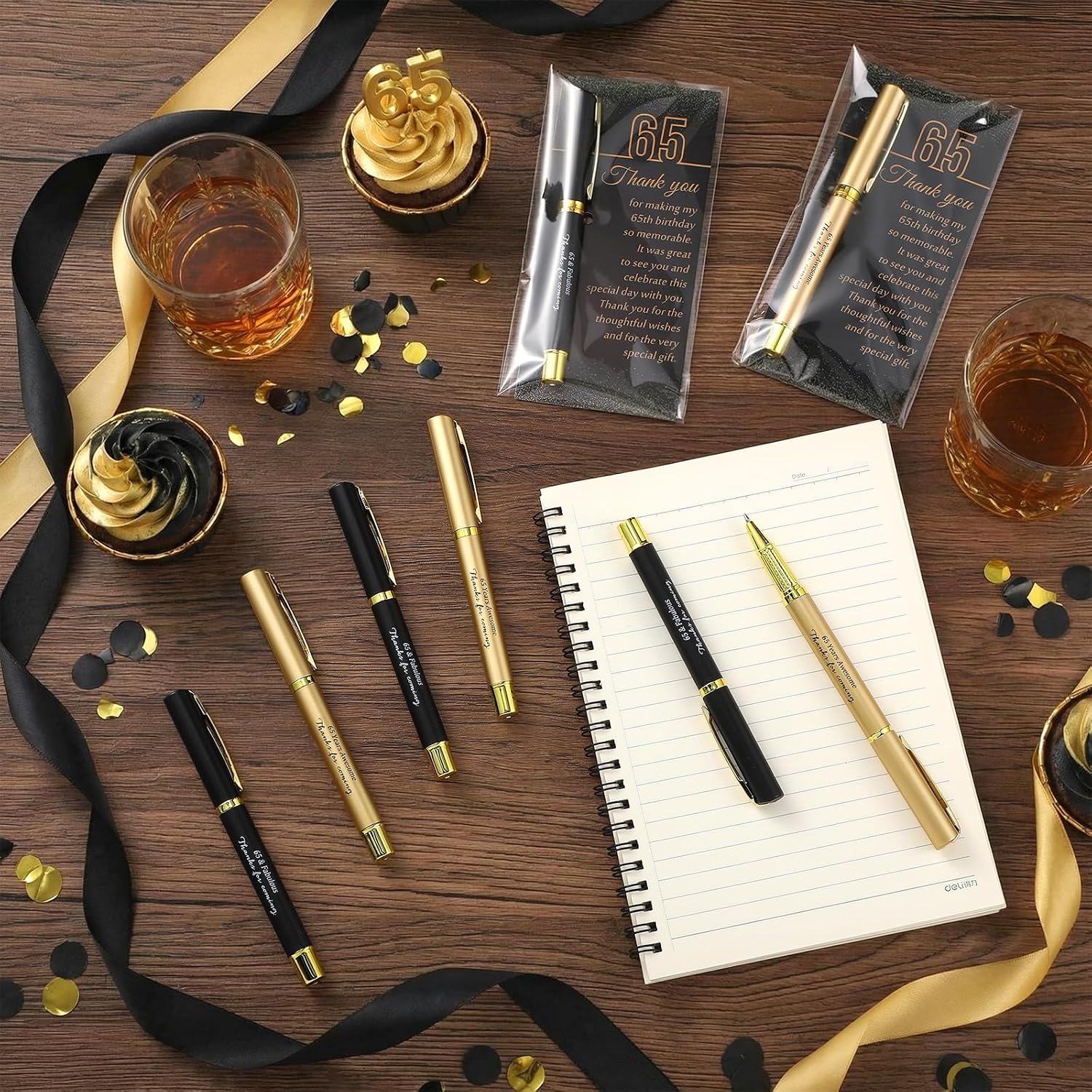 Feifeiya 30 Set 65th Birthday Favors with Black Gold Pens Cards | Birthday Souvenirs for Guests, Black and Gold Pens with Paper Thank You Cards for Men, Women and Wedding Anniversary Party
