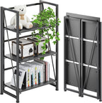 4NM No Assembly Folding Bookshelf Storage Shelves 3 Tiers Vintage Bookcase