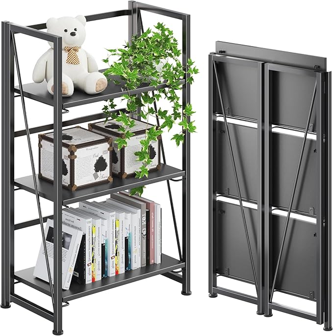 4NM No Assembly Folding Bookshelf Storage Shelves 3 Tiers Vintage Bookcase by 4NM