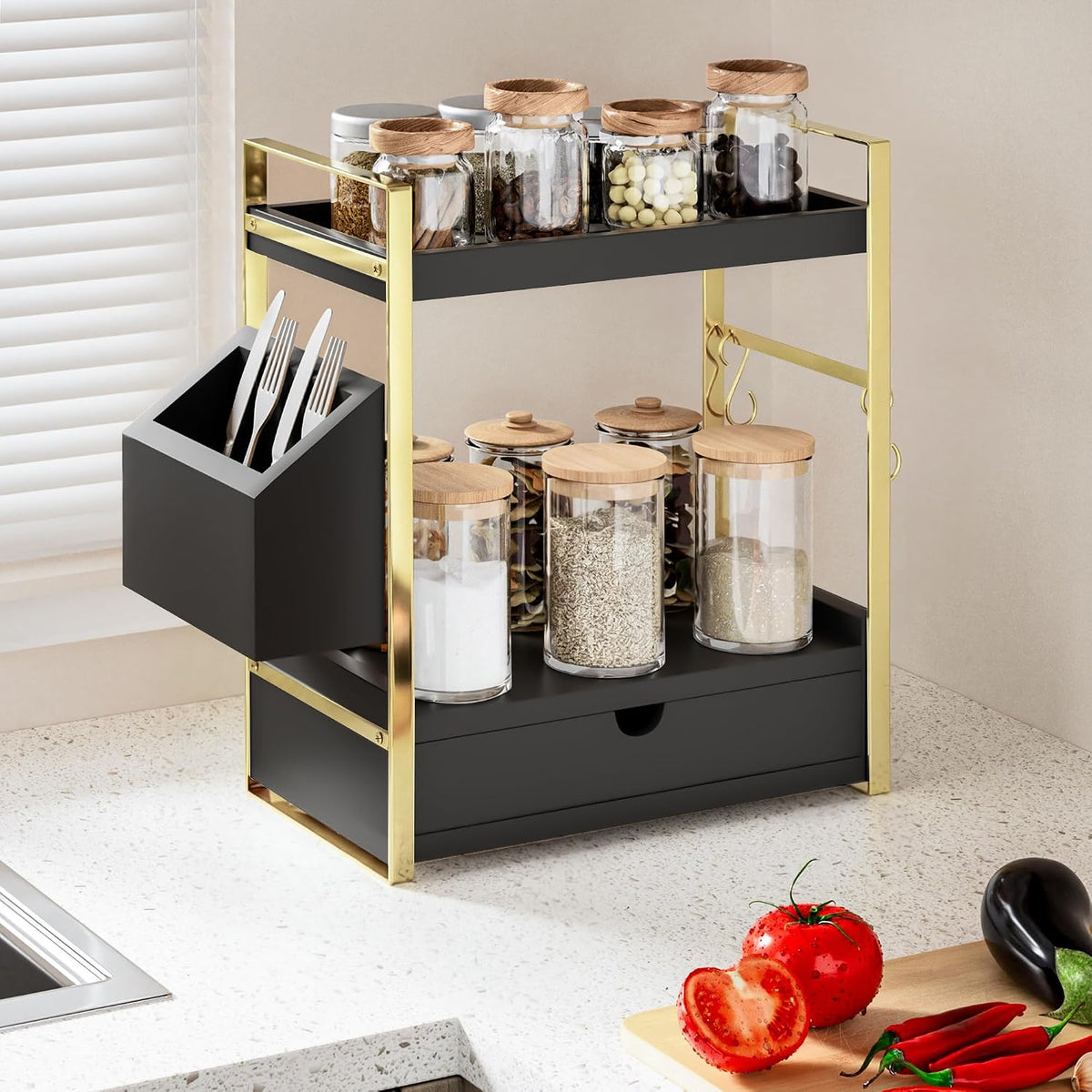 2-Tier Bathroom Counter Organizer, Wooden Vanity Shelf with Drawer & Basket