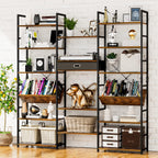 numenn triple wide 6 tier bookshelf, adjustable rustic shown in use